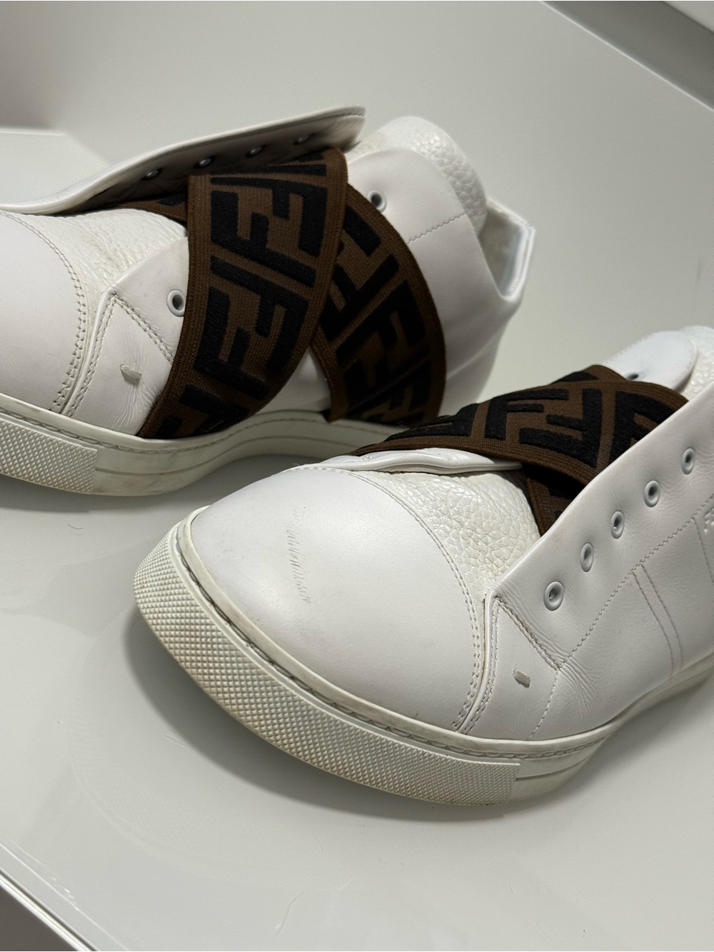 Fendi White Leather Slip-On Sneakers with FF Fendi Logo Cross Strap - Picture 9 of 17